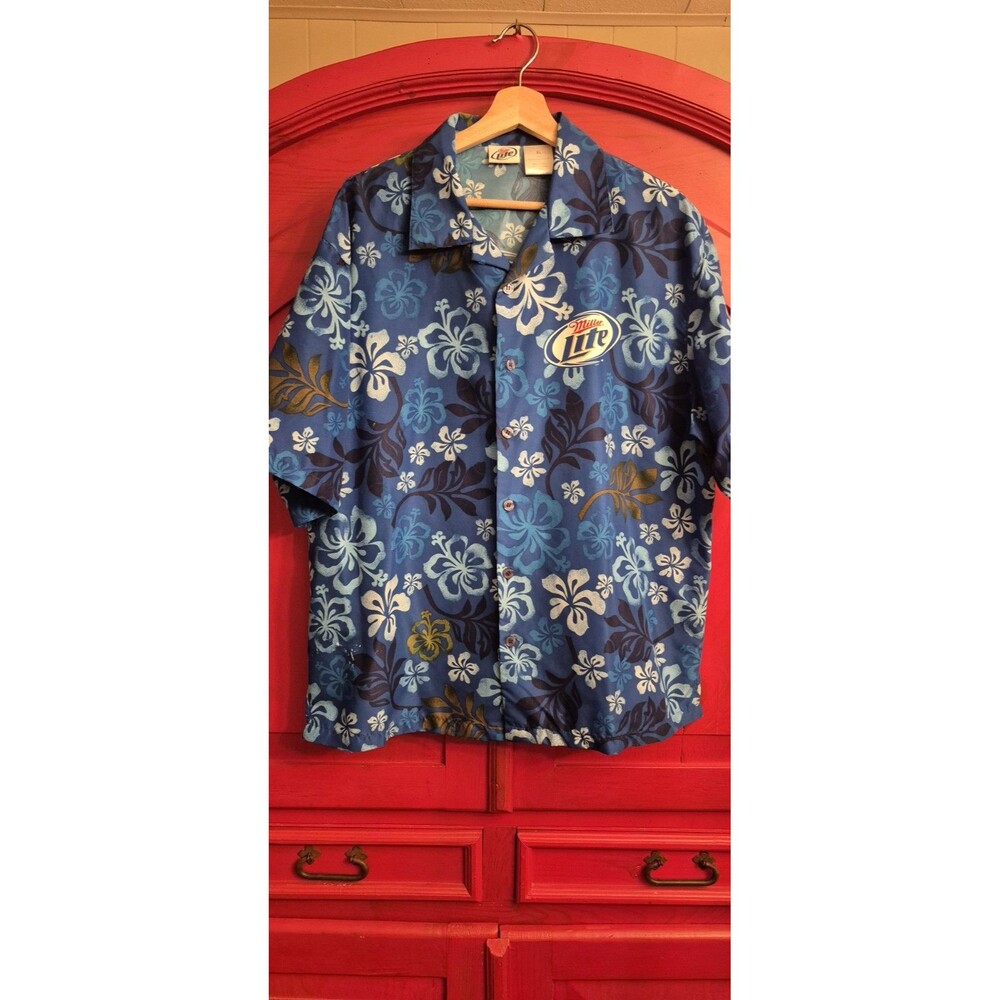 Miller Lite Size X Large Blue Hawaiian Shirt Double Sided Tropical Floral Print